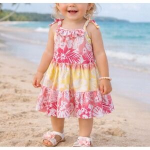 Tommy Bahama Girls 2T Tropical Floral Tiered Dress Tie Shoulder Ruffle Long Pink